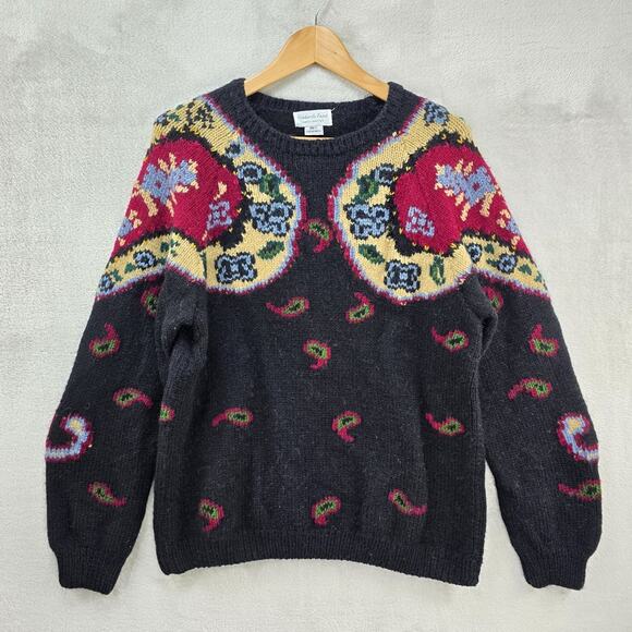 Robert Frost Sweaters - Vintage Roberta Frost Wool Knit Sweater Women Small Black Paisley Floral Cottage
